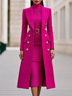 Rose Red Women's Double-Breasted Coat Dress Set with Belted Knit Midi Dress