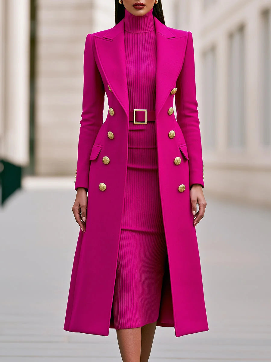 Rose Red Women's Double-Breasted Coat Dress Set with Belted Knit Midi Dress
