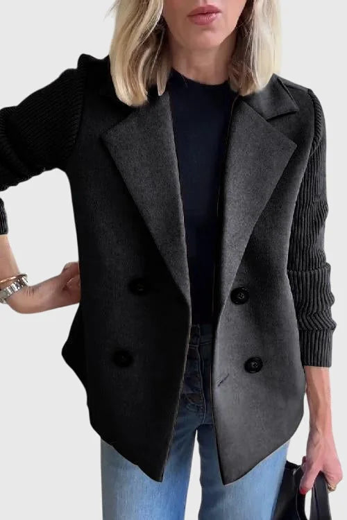 Black Women's Contrast-Sleeve Blazers — Emily Double-Breasted Knit-Sleeve Tailored - Front Full Dark