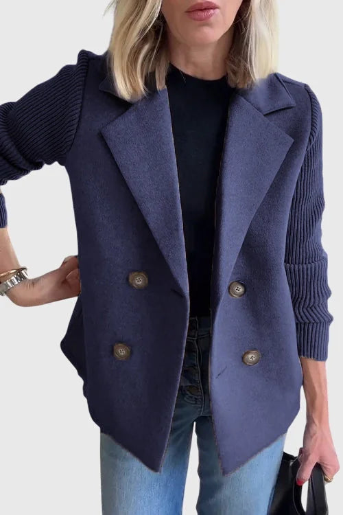 Blue Women's Contrast-Sleeve Blazers — Emily Double-Breasted Knit-Sleeve Tailored - Front Pose Navy