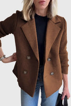 Brown Women's Contrast-Sleeve Blazers — Emily Double-Breasted Knit-Sleeve Tailored - Front Pose