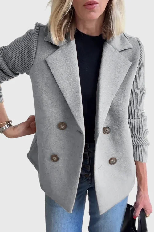 Gray Women's Contrast-Sleeve Blazers — Emily Double-Breasted Knit-Sleeve Tailored - Front Pose Light