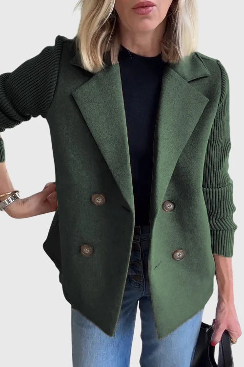 Green Women's Contrast-Sleeve Blazers — Emily Double-Breasted Knit-Sleeve Tailored - Front Pose