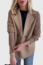Khaki Women's Contrast-Sleeve Blazers — Emily Double-Breasted Knit-Sleeve Tailored - Front Closeup