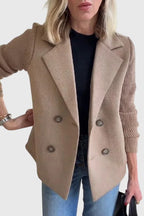 Khaki Women's Contrast-Sleeve Blazers — Emily Double-Breasted Knit-Sleeve Tailored - Front Full