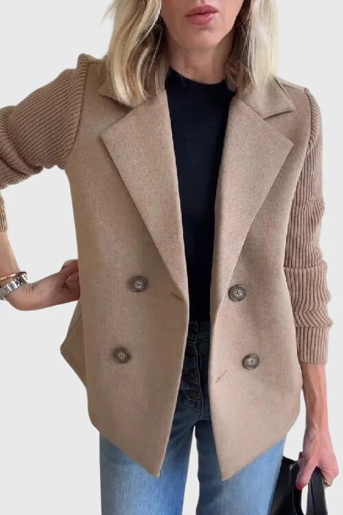 Khaki Women's Contrast-Sleeve Blazers — Emily Double-Breasted Knit-Sleeve Tailored - Front Full