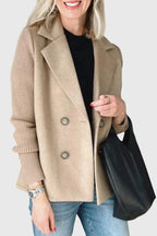 Khaki Women's Contrast-Sleeve Blazers — Emily Double-Breasted Knit-Sleeve Tailored - Smiling Pose