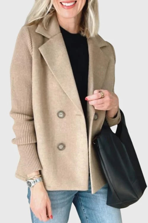 Khaki Women's Contrast-Sleeve Blazers — Emily Double-Breasted Knit-Sleeve Tailored - Smiling Pose