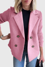 Pink Women's Contrast-Sleeve Blazers — Emily Double-Breasted Knit-Sleeve Tailored - Front Pose