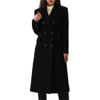 Black Women's Double Breasted Long Coat with Notched Collar & Flap Pockets