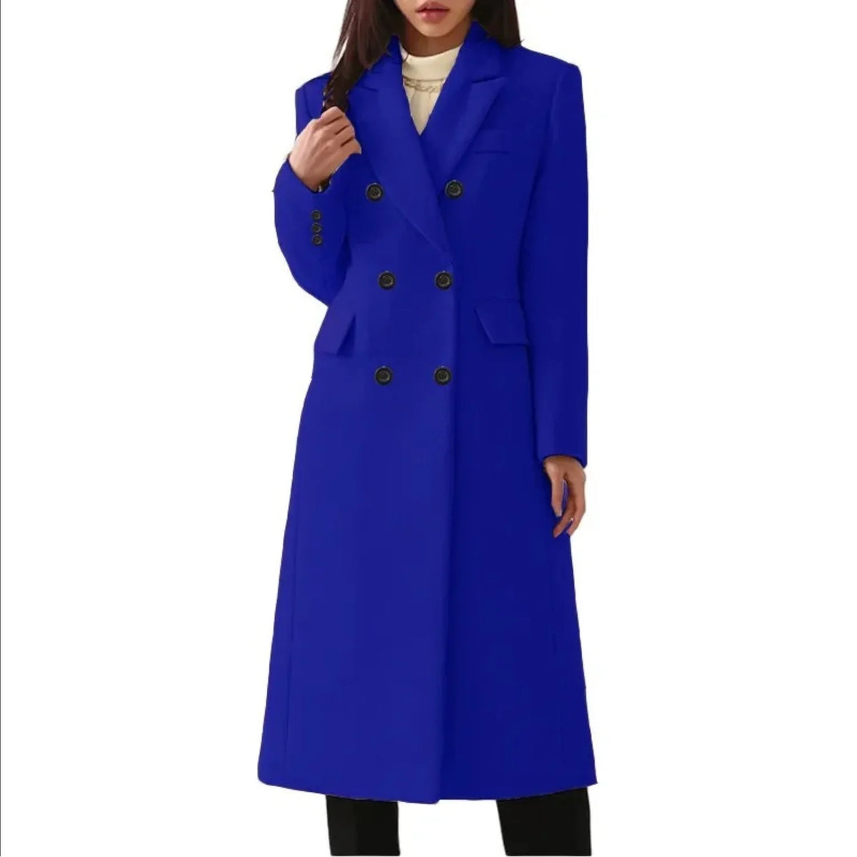 Blue Women's Double Breasted Long Coat with Notched Collar & Flap Pockets — Salma