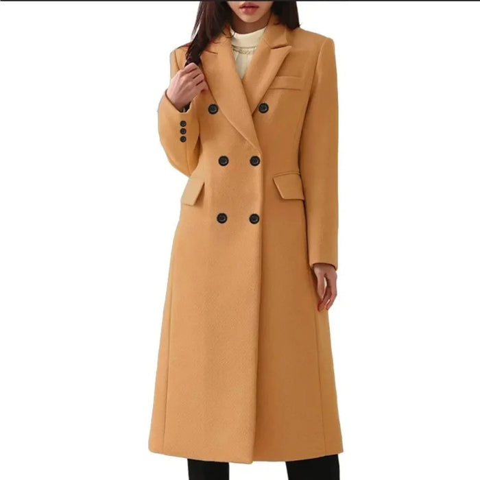 Brown Women's Double Breasted Long Coat with Notched Collar & Flap Pockets — Salma