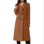 Dark Brown Women's Double Breasted Long Coat with Notched Collar & Flap Pockets