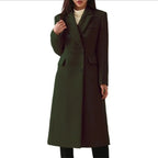 Dark Green Women's Double Breasted Long Coat with Notched Collar & Flap Pockets