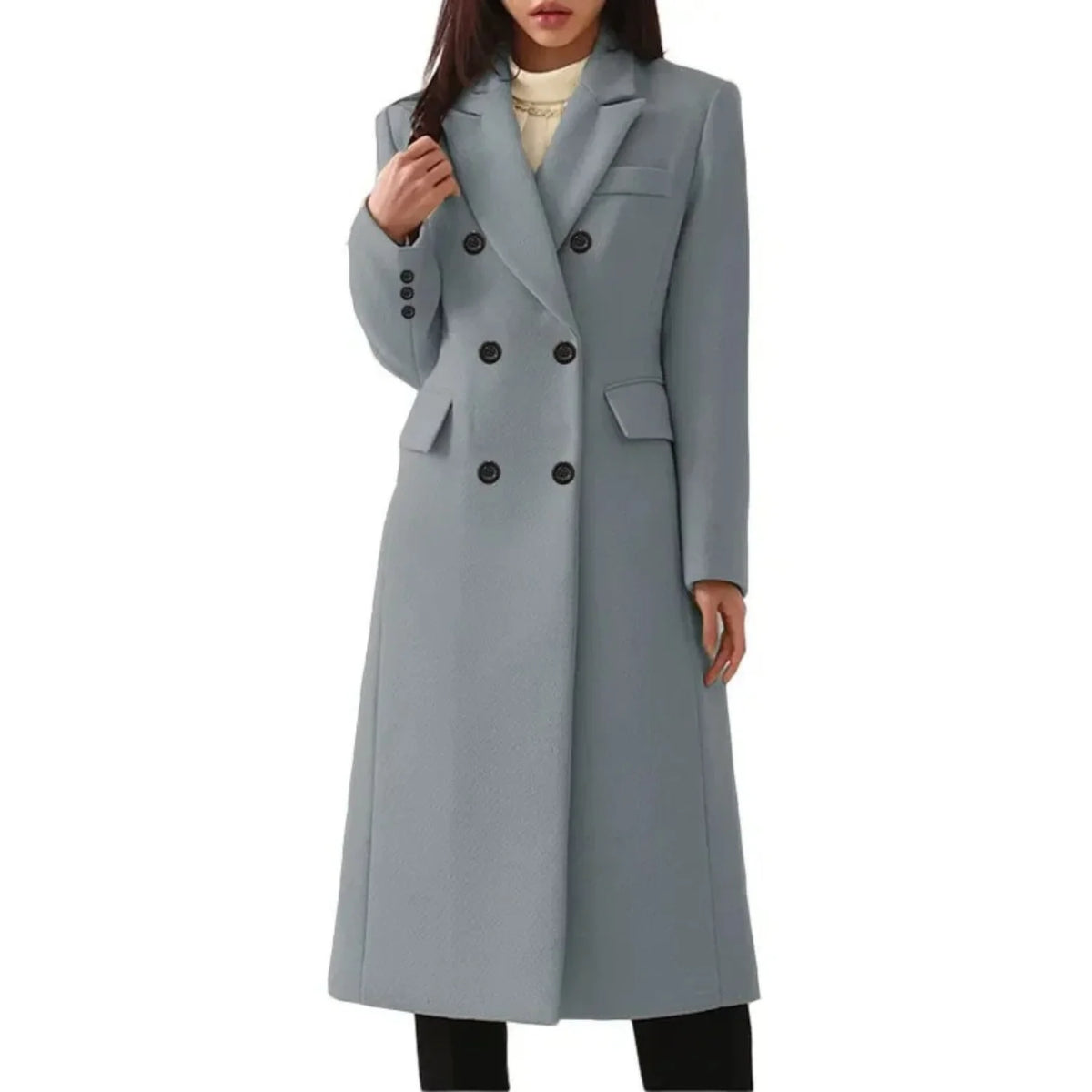 Grey Women's Double Breasted Long Coat with Notched Collar & Flap Pockets — Salma
