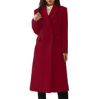 Red Women's Double Breasted Long Coat with Notched Collar & Flap Pockets — Salma