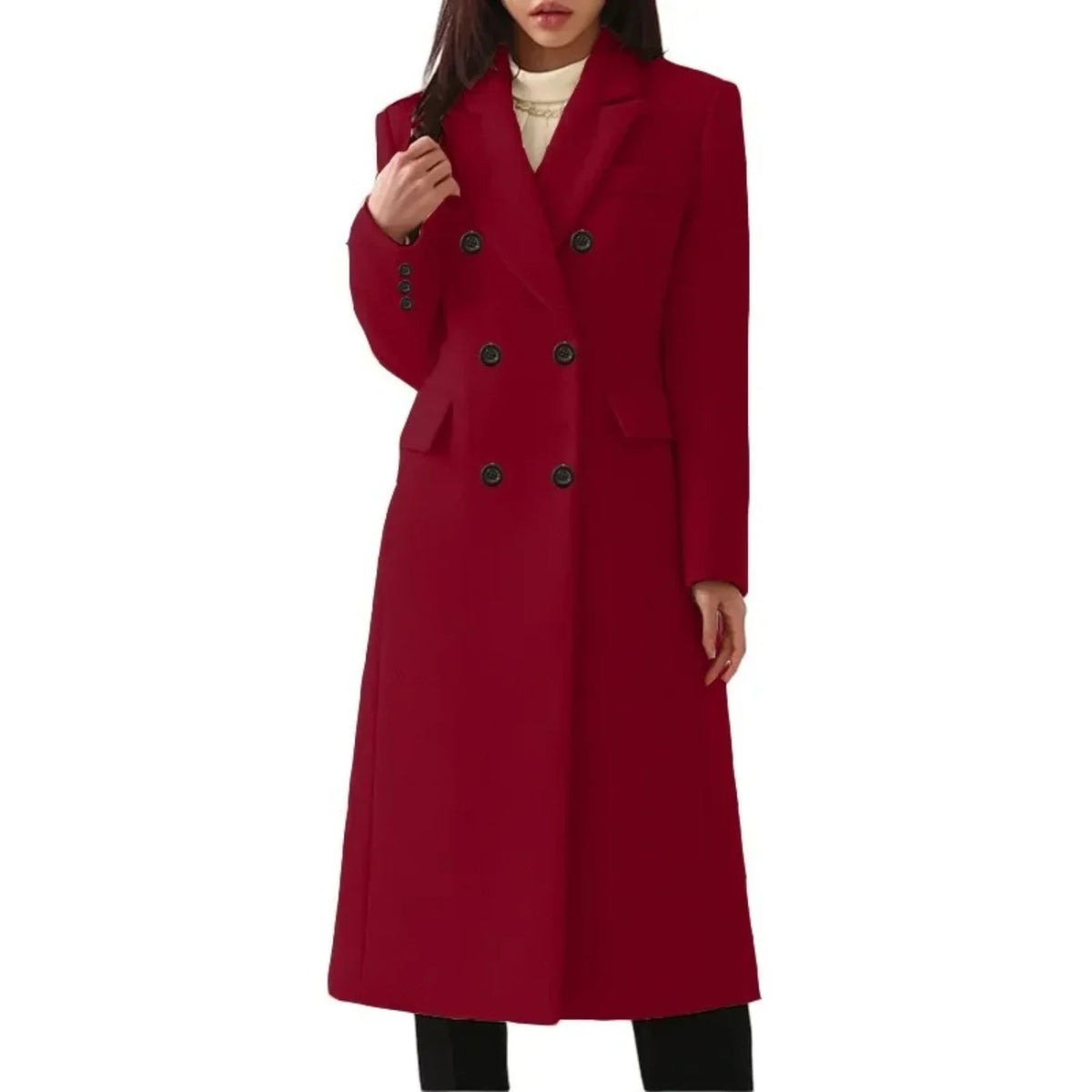 Red Women's Double Breasted Long Coat with Notched Collar & Flap Pockets — Salma
