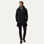 Men's Double-Breasted Pea Coat with Notched Lapels & Welt Pockets - Full Body Walk