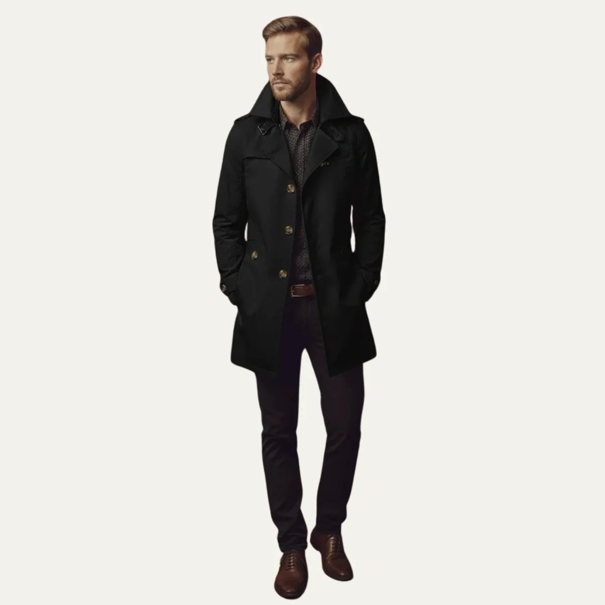 Men's Double-Breasted Pea Coat with Notched Lapels & Welt Pockets - Full Body Walk