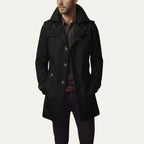 Black Men's Double-Breasted Pea Coat with Notched Lapels & Welt Pockets