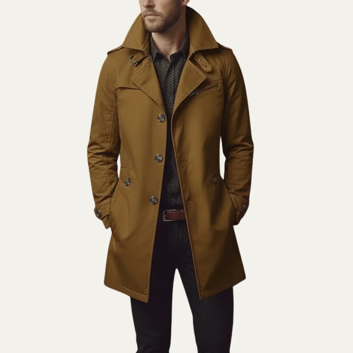 Brown Men's Double-Breasted Pea Coat with Notched Lapels & Welt Pockets