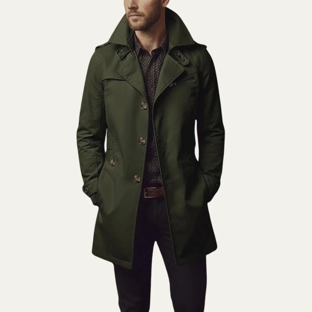 Green Men's Double-Breasted Pea Coat with Notched Lapels & Welt Pockets