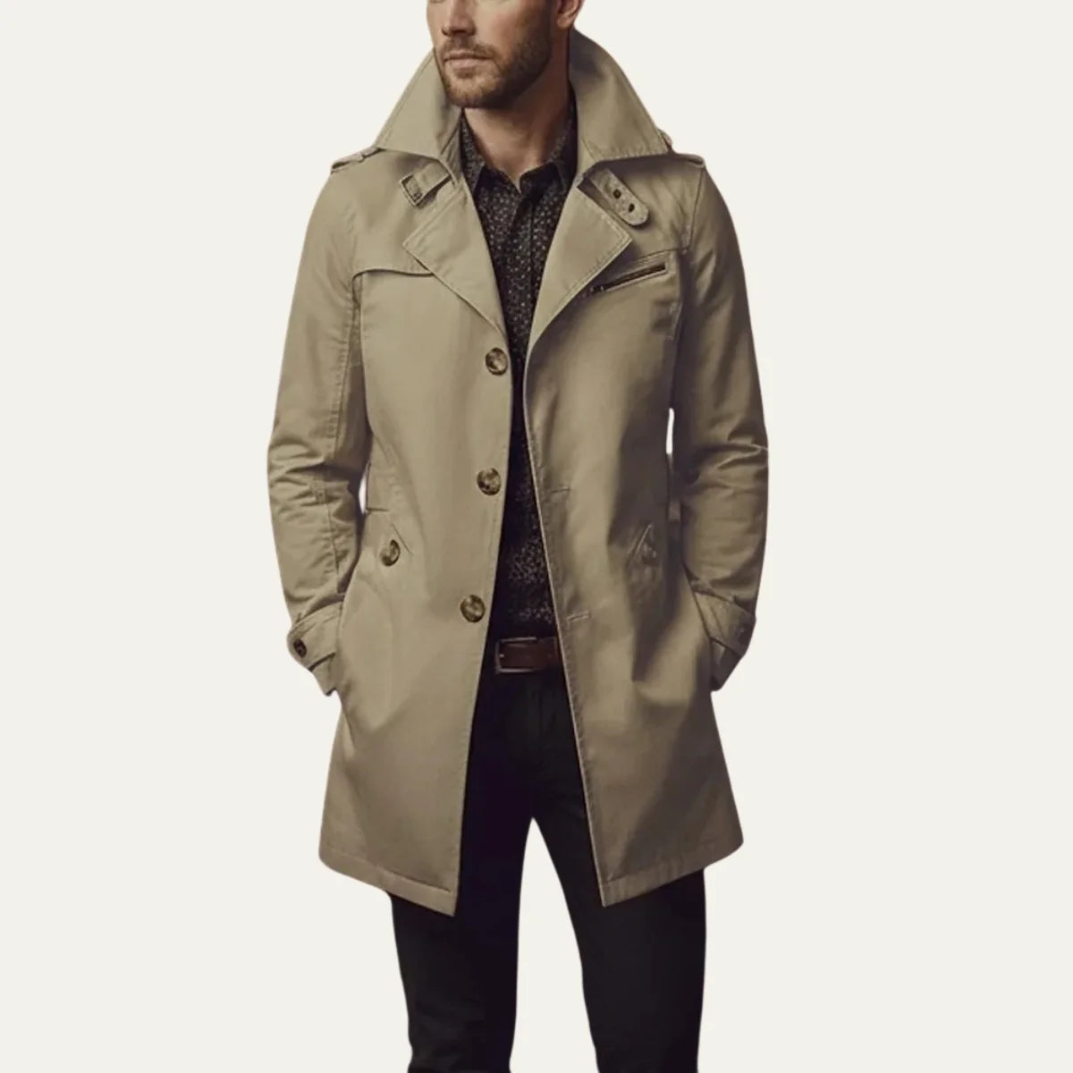 Khaki Men's Double-Breasted Pea Coat with Notched Lapels & Welt Pockets
