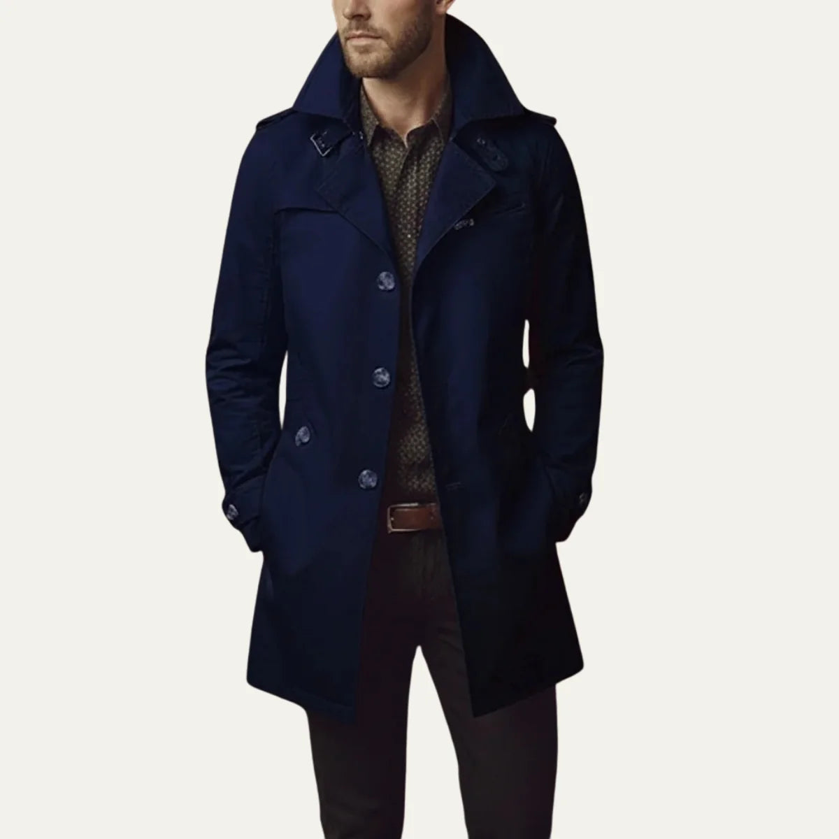 Navy Blue Men's Double-Breasted Pea Coat with Notched Lapels & Welt Pockets