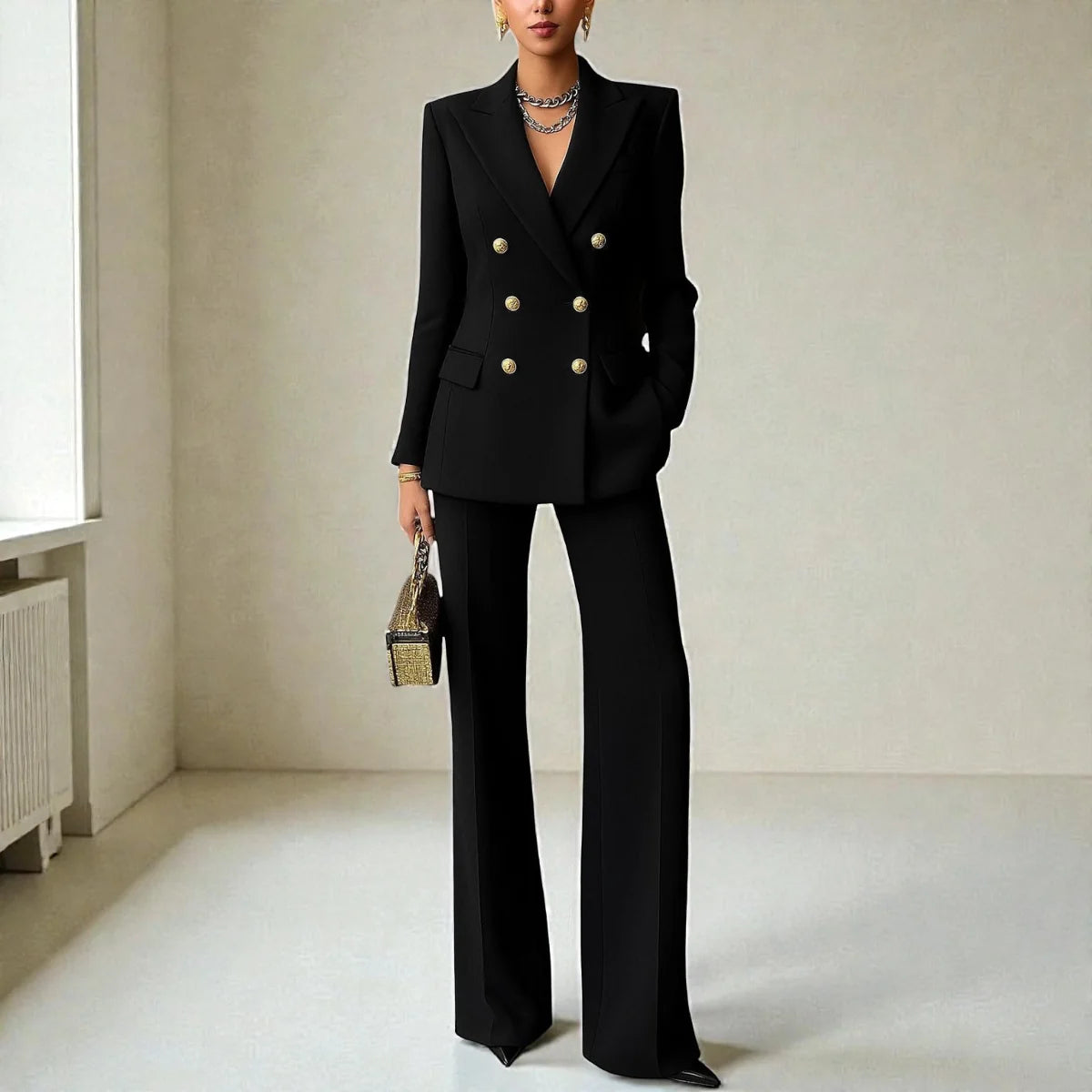 Black Women's Tailored Suit with Double-Breasted Blazer & Wide-Leg Pants