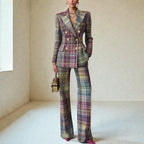 Multicolor Women's Tailored Suit with Double-Breasted Blazer & Wide-Leg Pants - Front Full