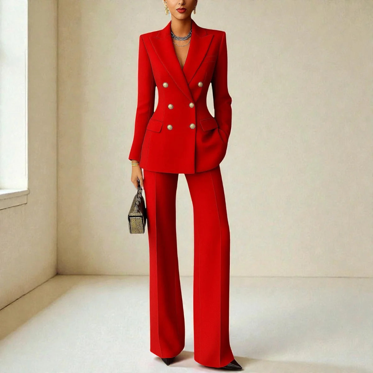 Red Women's Tailored Suit with Double-Breasted Blazer & Wide-Leg Pants