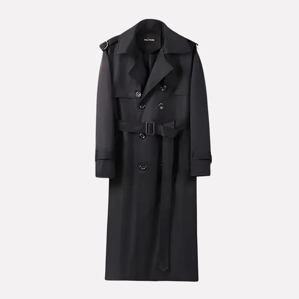 Black Men's Double-Breasted Trench Coat with Waist Belt & Epaulettes