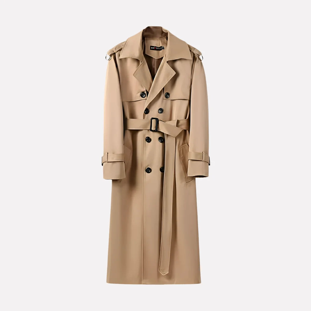 Khaki Men's Double-Breasted Trench Coat with Waist Belt & Epaulettes