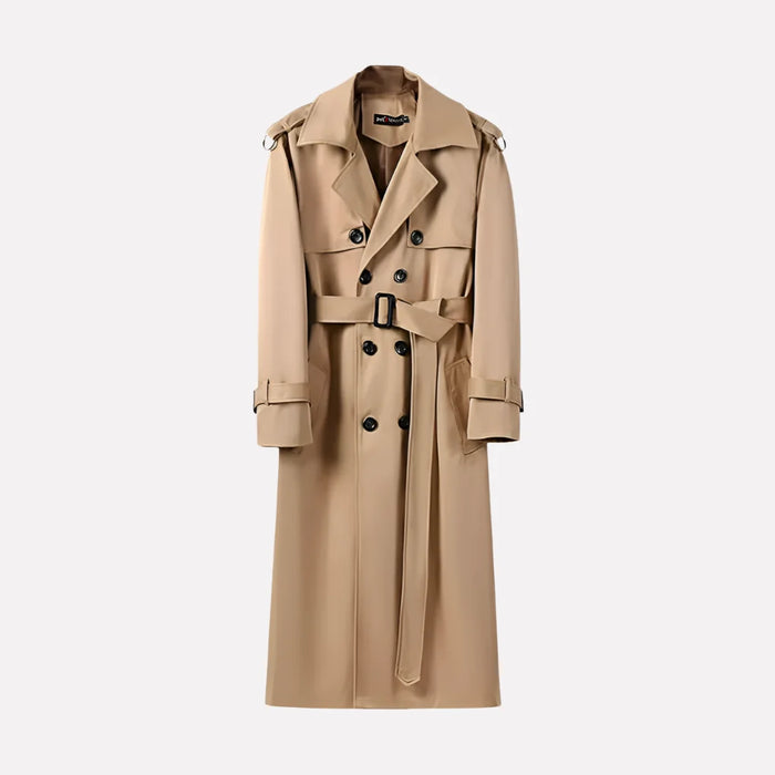 Khaki Men's Double-Breasted Trench Coat with Waist Belt & Epaulettes