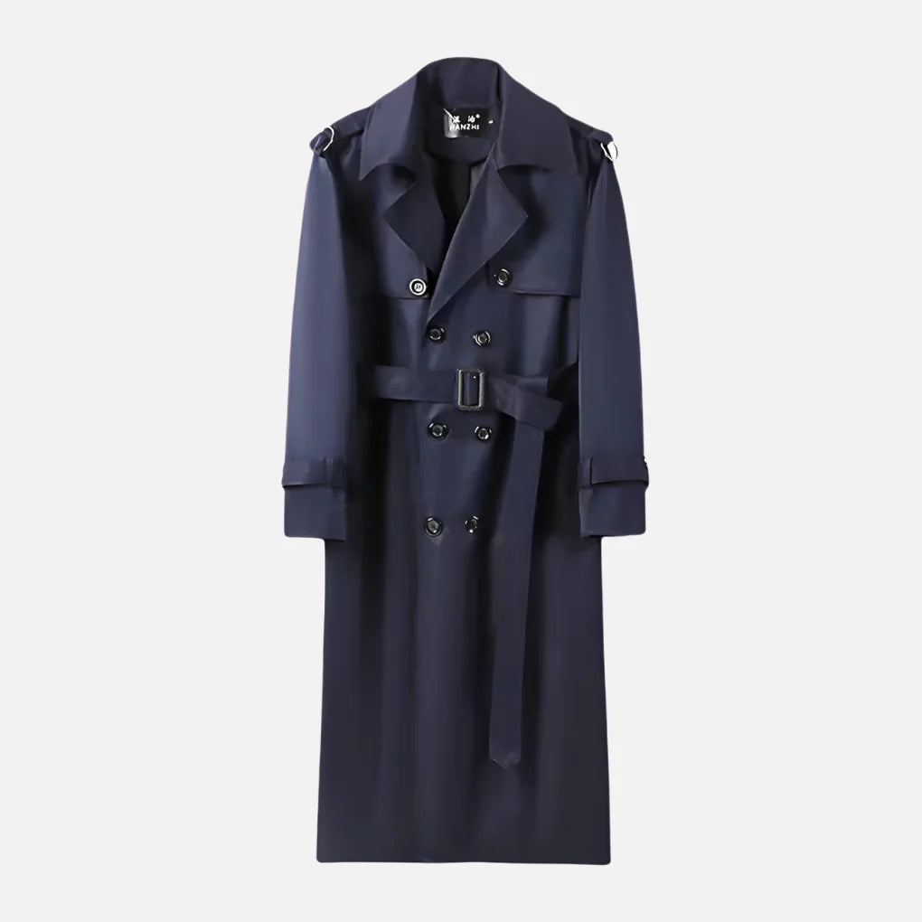 Navy Blue Men's Double-Breasted Trench Coat with Waist Belt & Epaulettes