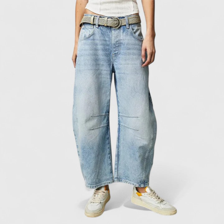 Light Blue Blue Women's High Waist Barrel Leg Jeans — Gabrielle Stretch Relaxed-Fit Pockets