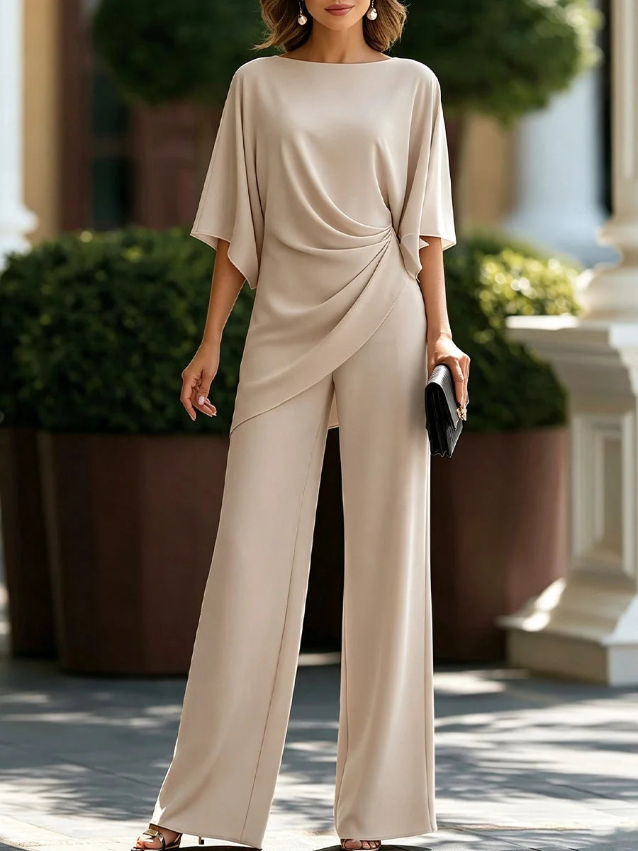 Beige Women's Draped Wide-Leg Two Piece Set — Olive Stretch Jersey Batwing Sleeve - Front Pose