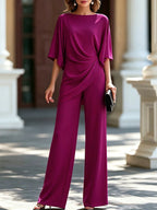 Fuchsia Women's Draped Wide-Leg Two Piece Set — Olive Stretch Jersey Batwing Sleeve - Front Pose