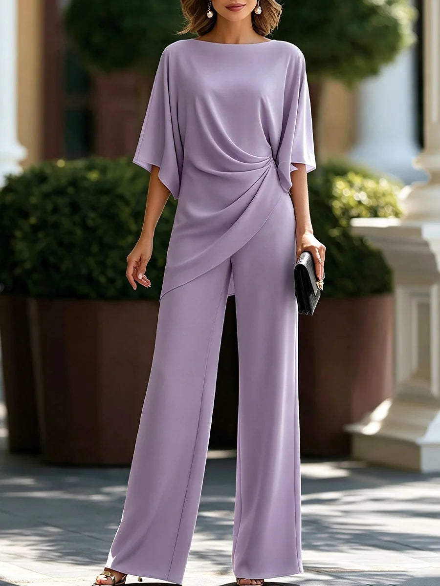 Lavender Women's Draped Wide-Leg Two Piece Set — Olive Stretch Jersey Batwing Sleeve - Front Pose