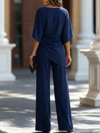 Navy Blue Women's Draped Wide-Leg Two Piece Set — Olive Stretch Jersey Batwing Sleeve - Back Full
