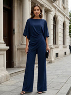 Navy Blue Women's Draped Wide-Leg Two Piece Set — Olive Stretch Jersey Batwing Sleeve - Front Street