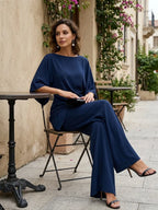 Navy Blue Women's Draped Wide-Leg Two Piece Set — Olive Stretch Jersey Batwing Sleeve - Seated Cafe