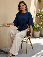 Navy Blue Women's Draped Wide-Leg Two Piece Set — Olive Stretch Jersey Batwing Sleeve - Seated Lifestyle