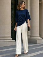 Navy Blue Women's Draped Wide-Leg Two Piece Set — Olive Stretch Jersey Batwing Sleeve - Walking Pose