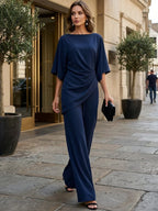 Navy Blue Women's Draped Wide-Leg Two Piece Set — Olive Stretch Jersey Batwing Sleeve - Walking Street