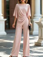 Pink Women's Draped Wide-Leg Two Piece Set — Olive Stretch Jersey Batwing Sleeve - Front Pose