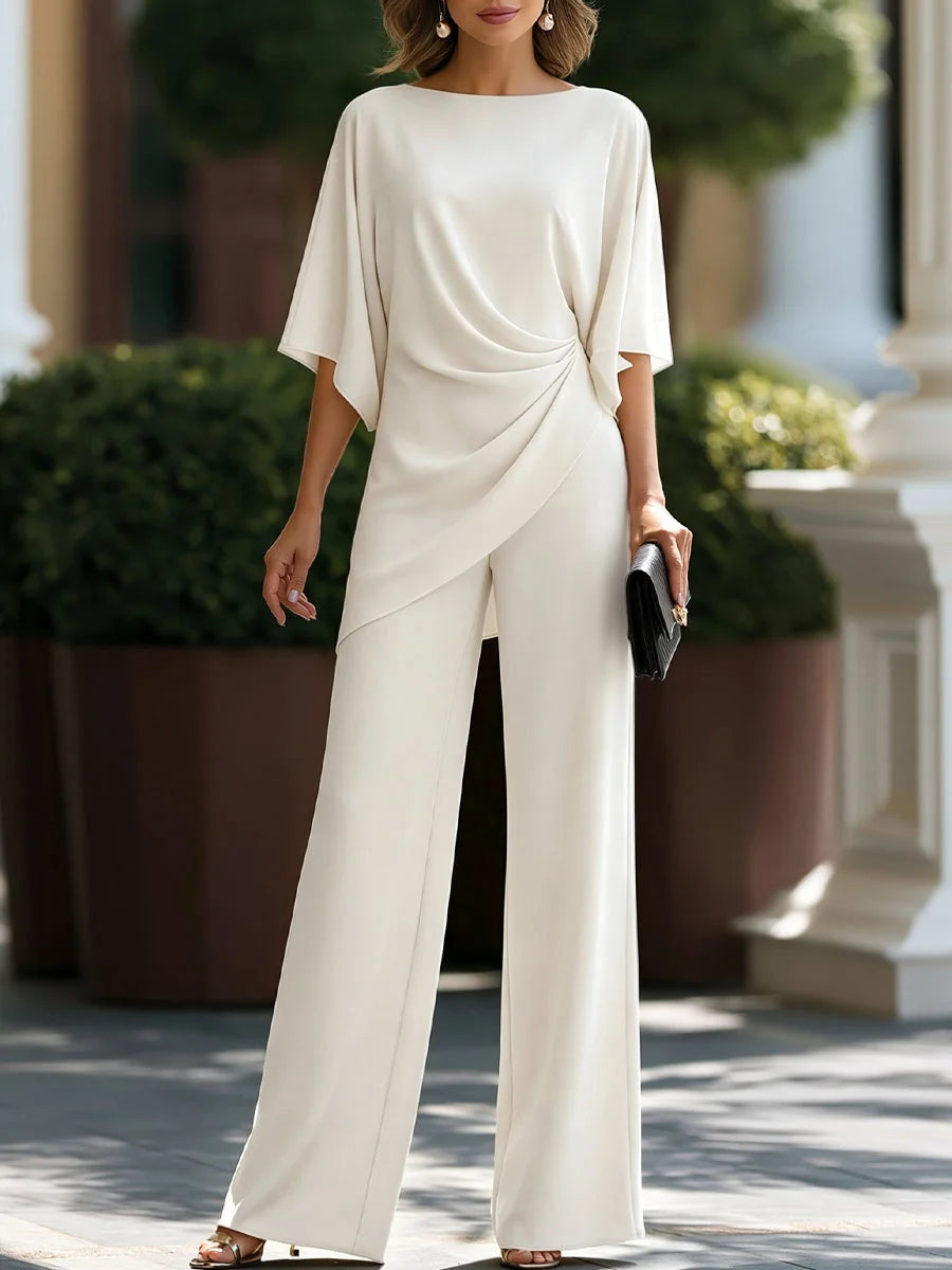White Women's Draped Wide-Leg Two Piece Set — Olive Stretch Jersey Batwing Sleeve - Front Pose