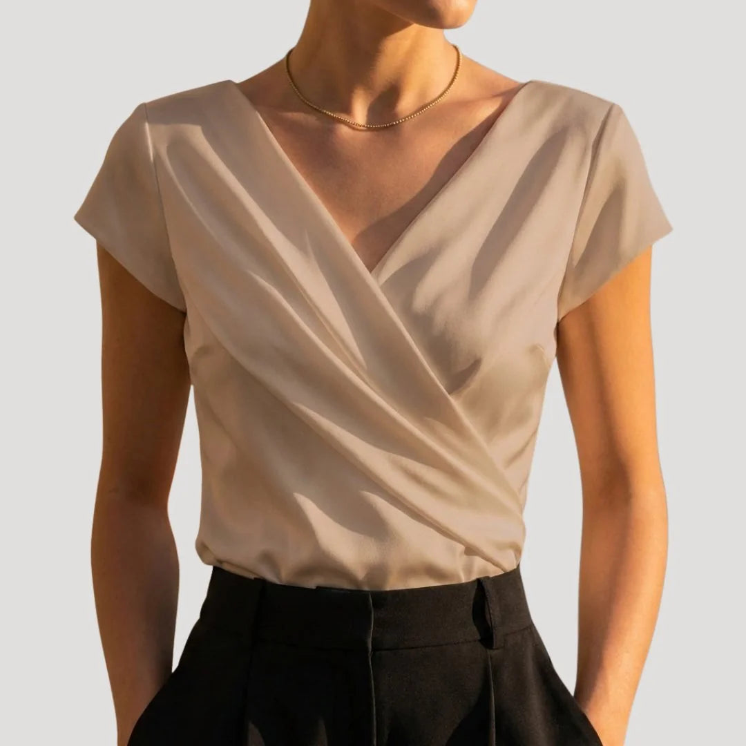 Khaki Women's Draped Wrap Front Blouse with Cap Sleeves & V-Neck — Genevieve