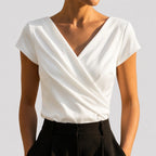 White Women's Draped Wrap Front Blouse with Cap Sleeves & V-Neck — Genevieve