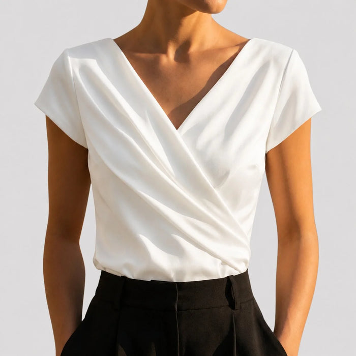 White Women's Draped Wrap Front Blouse with Cap Sleeves & V-Neck — Genevieve
